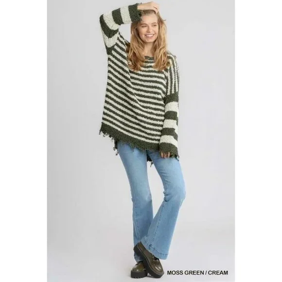 Umgee Moss Green Cream Mix Pullover Sweater Women Popcorn Striped Distressed S-L - Picture 2 of 4